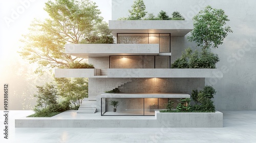 Modern concrete building with green spaces