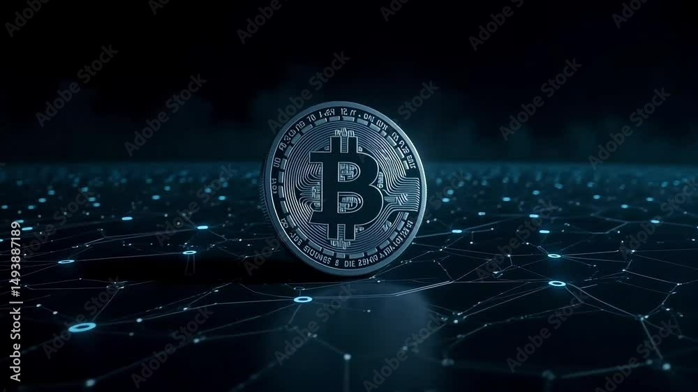 A Stunning Bitcoin Cryptocurrency Digital Coin Rests on a Futuristic Network Background Illustrating Blockchain Technology and Digital Currency Innovation