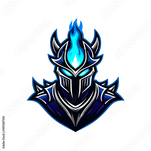 Bold logo design featuring an armored knight with blue flaming accents showcasing strength and power