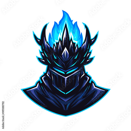 Sleek dark knight logo design featuring blue flames and sharp armor details for branding or gaming use