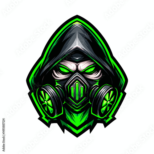 Stylish neon green logo featuring a masked character with a hood and gas mask design