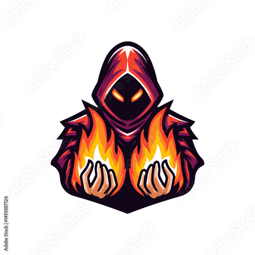 Mysterious figure with fiery hands representing power and energy in a striking logo design