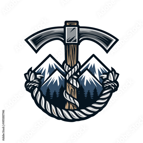 Mountain logo featuring a pickaxe and rope design with rugged peaks in the background