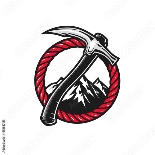 Mountain exploration logo featuring a pickaxe and mountain range design in a circular format