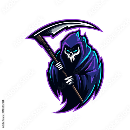 Creative design featuring a stylized grim reaper logo with a scythe in vibrant colors