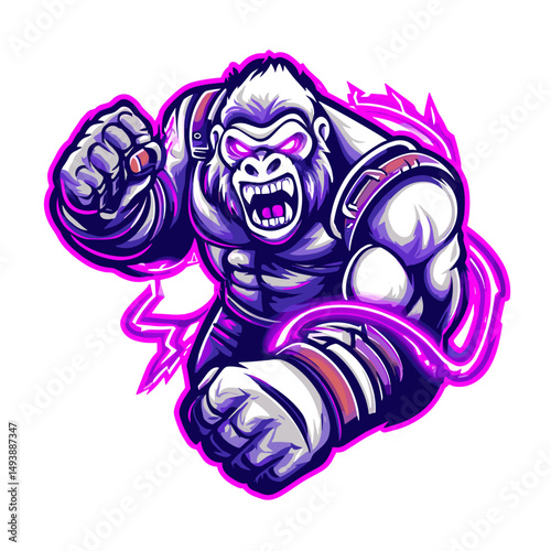 Powerful cartoon gorilla character with dynamic pose and vibrant graphic design emphasizing strength and energy photo