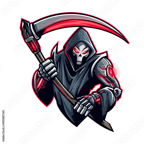 Menacing figure wielding a scythe in a dark cloak with glowing eyes and robotic features