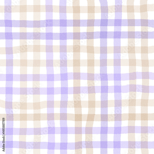 Purple Brown Beige Plaid Gingham Check Hand Drawn Background Pattern Overlay