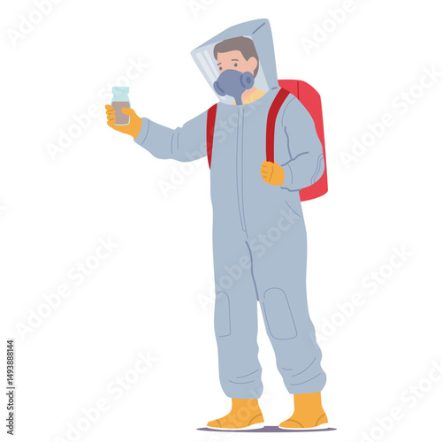 Man scientist cartoon character in protective suit and helmet mask with radioactive samples in flask
