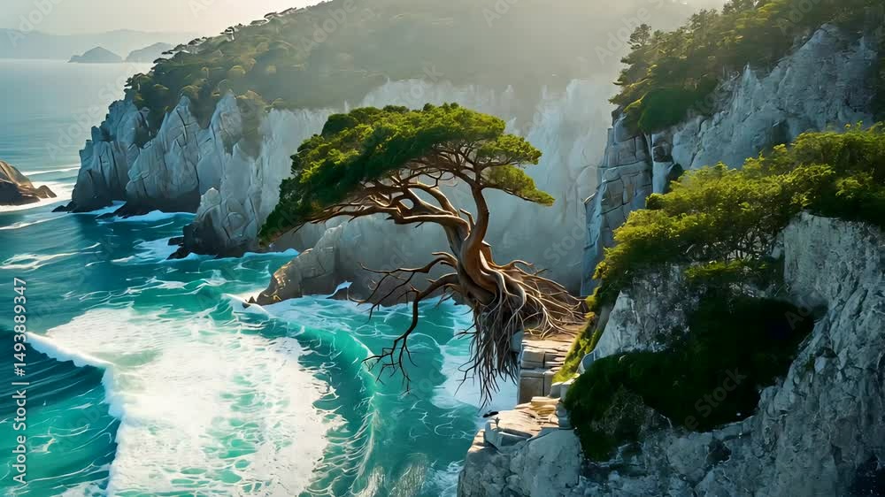 Scenic Coastal Cliff with Lone Windswept Tree Overlooking Turquoise Ocean and Rugged Rocks