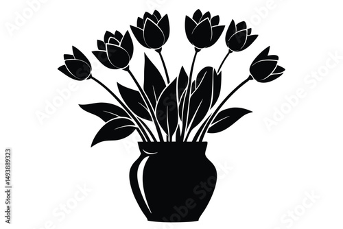 Stylized Tulips Arrangement in Elegant Vase Silhouette, Flower Bouquet Illustration