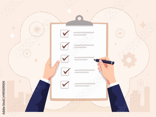 Person using pen to check items on clipboard checklist  