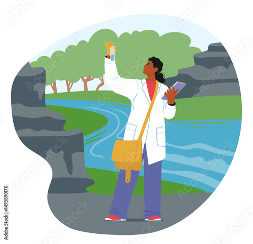 Woman environmentalist character collecting water samples examining ecology situation cartoon scene