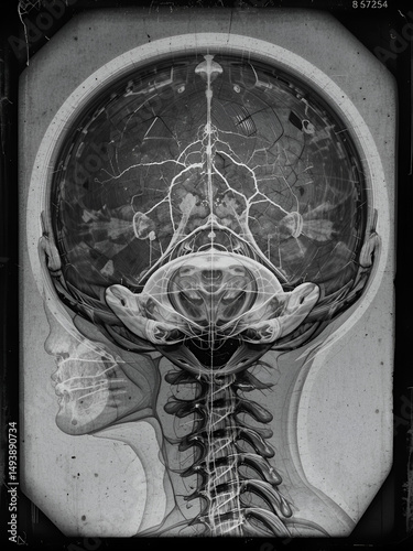 Vintage X-Ray: Detailed Skull Posterior View - Medical History Stock Photo
