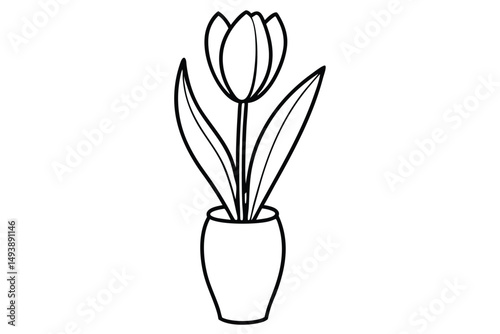 Black and White Line Art Tulip Flower with Leaves in a Vase Illustration