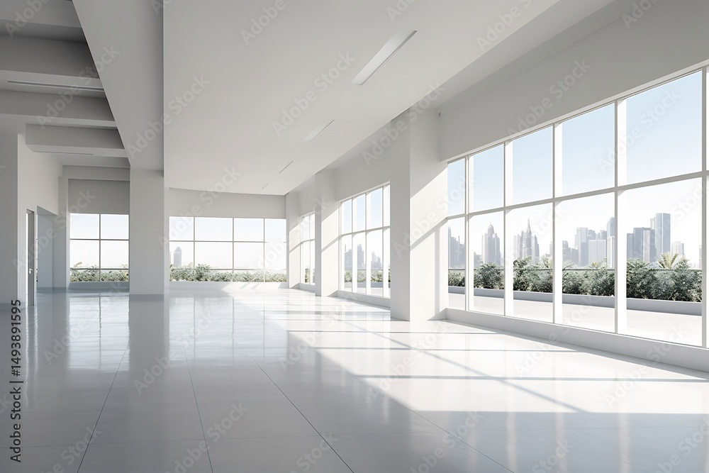 Obraz premium Empty space transformed into architectural vision featuring vast open area minimalist design building feature clean geometric shape expansive glass facade interact natural light palette dominated soft