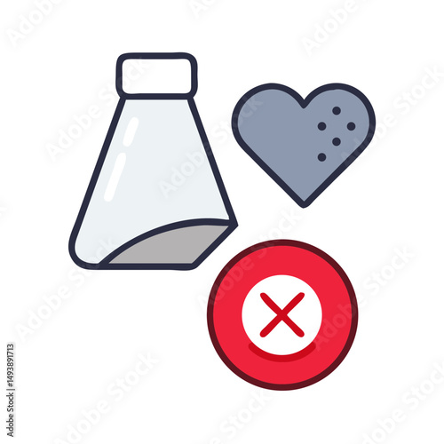 Low sodium sign with heart and crossed-out salt shaker icon  