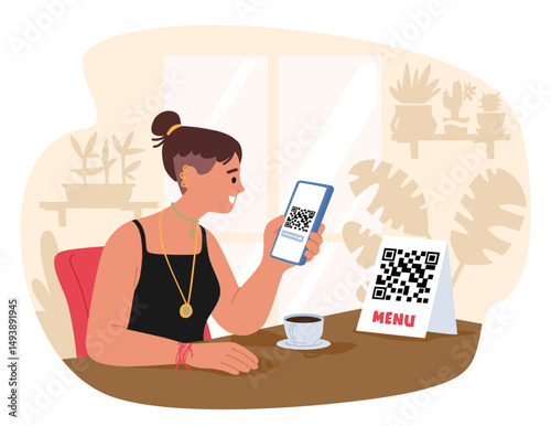 Teenage girl character scanning qr code to view restaurant menu and pay for order cartoon scene