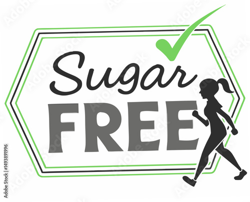 Sugar-free label with running woman silhouette and checkmark  
