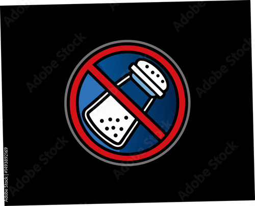 Low sodium symbol with salt shaker crossed out in circle design  