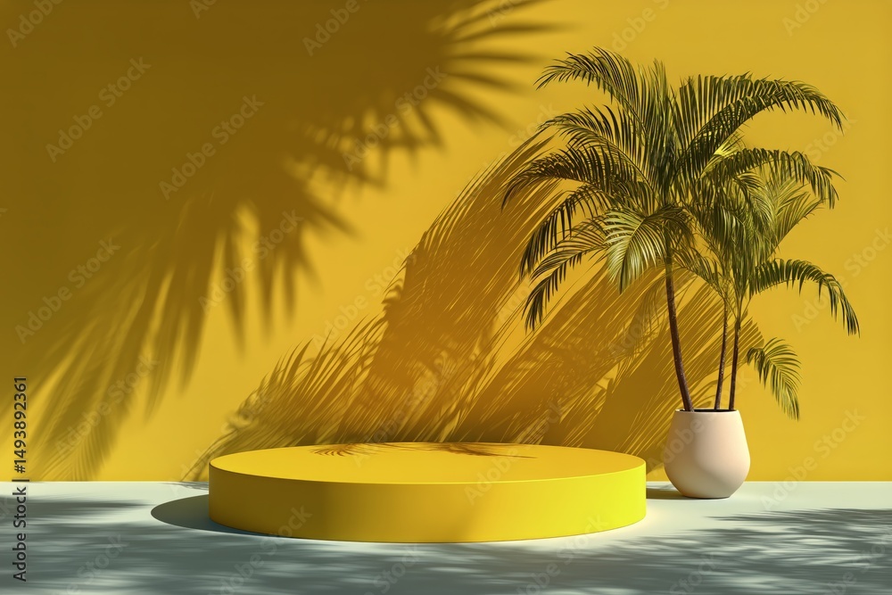 Obraz premium Bright Yellow Backdrop With Circular Platform and Potted Palm Tree Creating a Vibrant Setting