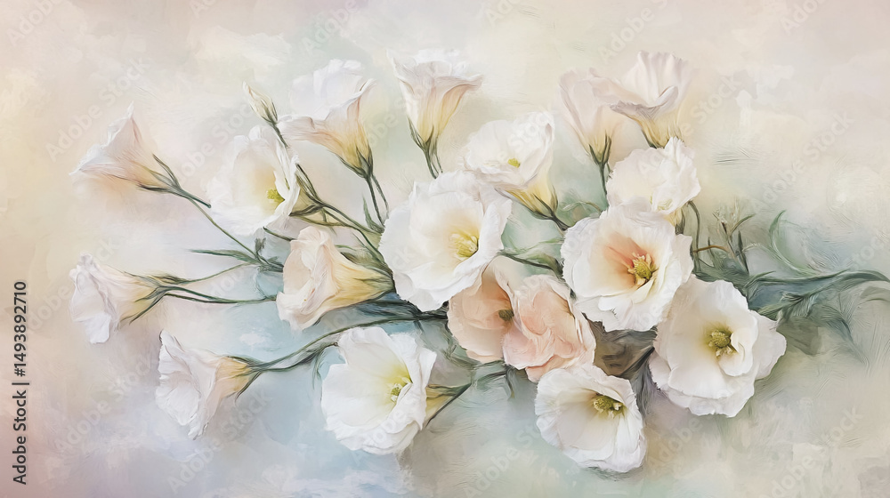 Fototapeta premium Elegant wedding invitation card background vector. Minimal hand painted Lisianthus botanical flowers texture template background. Design for wedding, vip cover, poster, rsvp moderncard.Valentine's Day