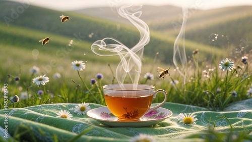 Cup of Tea Surrounded by Bees in Flower Meadow