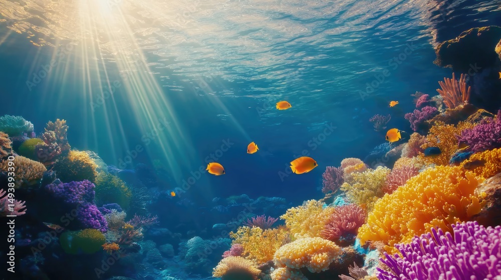 Fototapeta premium Bright underwater world with corals and yellow fish. Sunlight underwater.