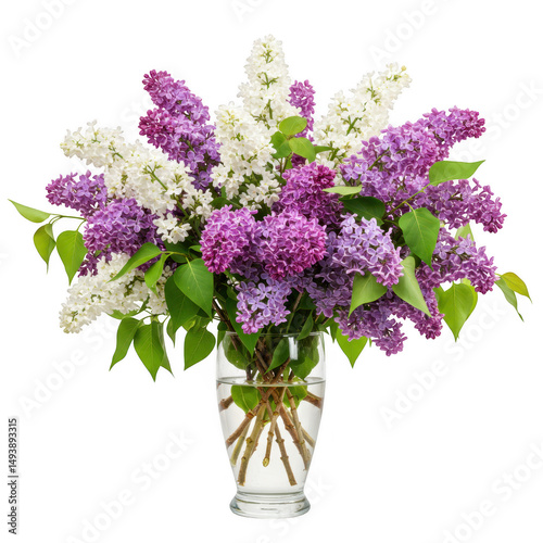 Lilac flower bouquet in glass vase isolated on transparent background