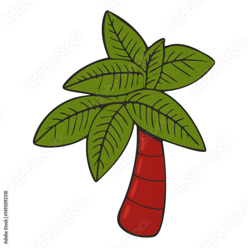Bold red palm tree with wide green leaves in fun, stylized illustration isolated on transparent background. Ideal for tropical or summer themed projects. Vector art