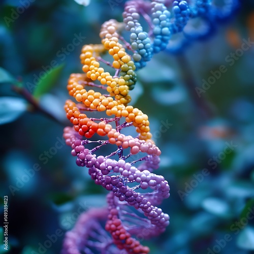 Colorful DNA helix amongst leaves