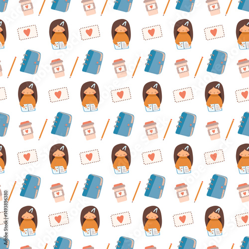 Journaling seamless pattern. Girl writing to the notebook, cup of coffee and pencil.