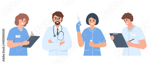 Doctor characters set. Male and female hospital or clinic workers wearing uniform. Vector illustration isolated on white background.