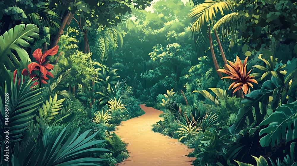 Obraz premium Lush, tropical jungle path winding through vibrant foliage.