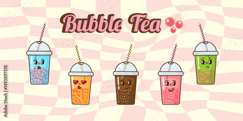 Cute cartoon bubble tea cups with different emotions and colorful tapioca pearls on a pink wavy background. Playful kawaii illustration perfect for kids, menu design, or social media content.