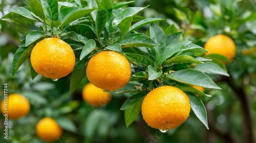Fresh ripe oranges hanging on green leafy tree with water drops after rain in vibrant citrus orchard
