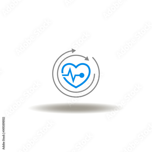 Vector illustration of heart with pulse line and round arrows. Symbol of endocarditis. Icon of health care. Sign of cardiology medicine.