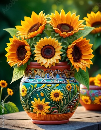 Wallpaper Mural Bunte handgetöpferte Blumentöpfe mit Sonnenblumen – Nahaufnahme Torontodigital.ca