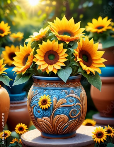 Wallpaper Mural Bunte handgetöpferte Blumentöpfe mit Sonnenblumen – Nahaufnahme Torontodigital.ca