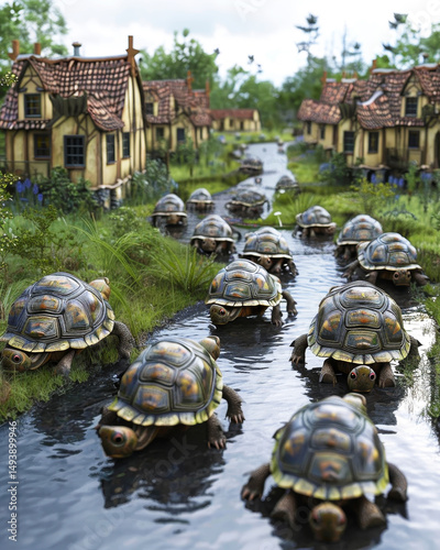 Turtles slowly crossing river with quaint houses in the background, fantasy village concept.