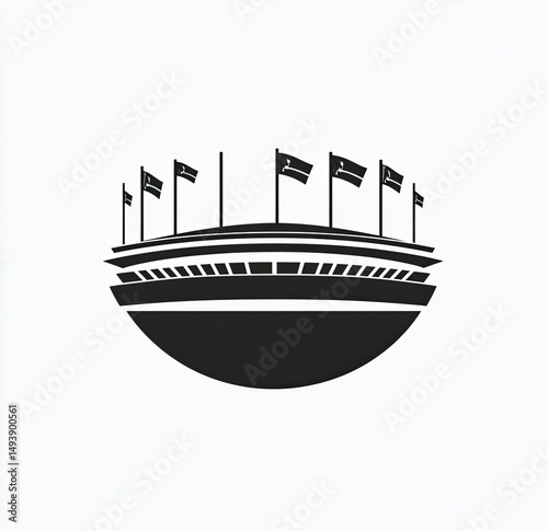 Stadium silhouette with flags.  A stylized, simple black silhouette of a stadium, with small flags atop the structure, resting on a round base