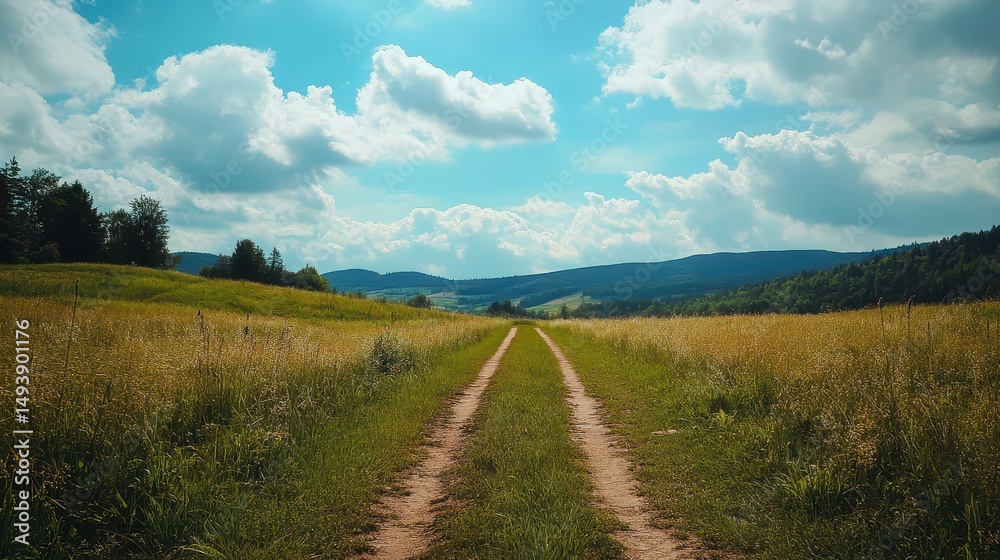 Fototapeta premium Dirt path through fields under a blue sky