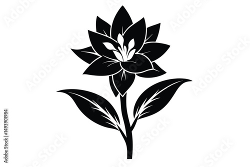 Elegant Black Flower Silhouette with Petals and Leaves Floral Design Element