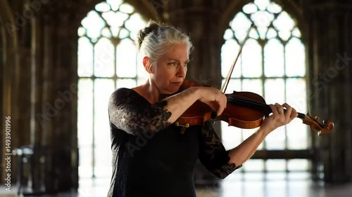 Female violinist performing in elegant hall with arched windows, sunlight streaming through, classical music concert ambiance.  