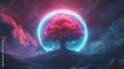 Abstract neon background with a cosmic tree sprouting through a planet surrounded by a glowing neon ring in pink and blue hues giving a mystical and futuristic vibe 3D illustration