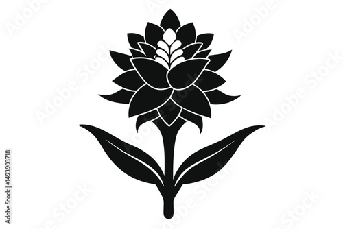 Elegant Black Flower with Overlapping Petals and Two Leaves, Simple Floral Design