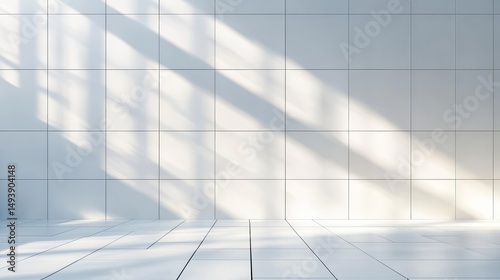 Empty room bathed in sunlight, casting shadows on white tiled walls and wooden floor