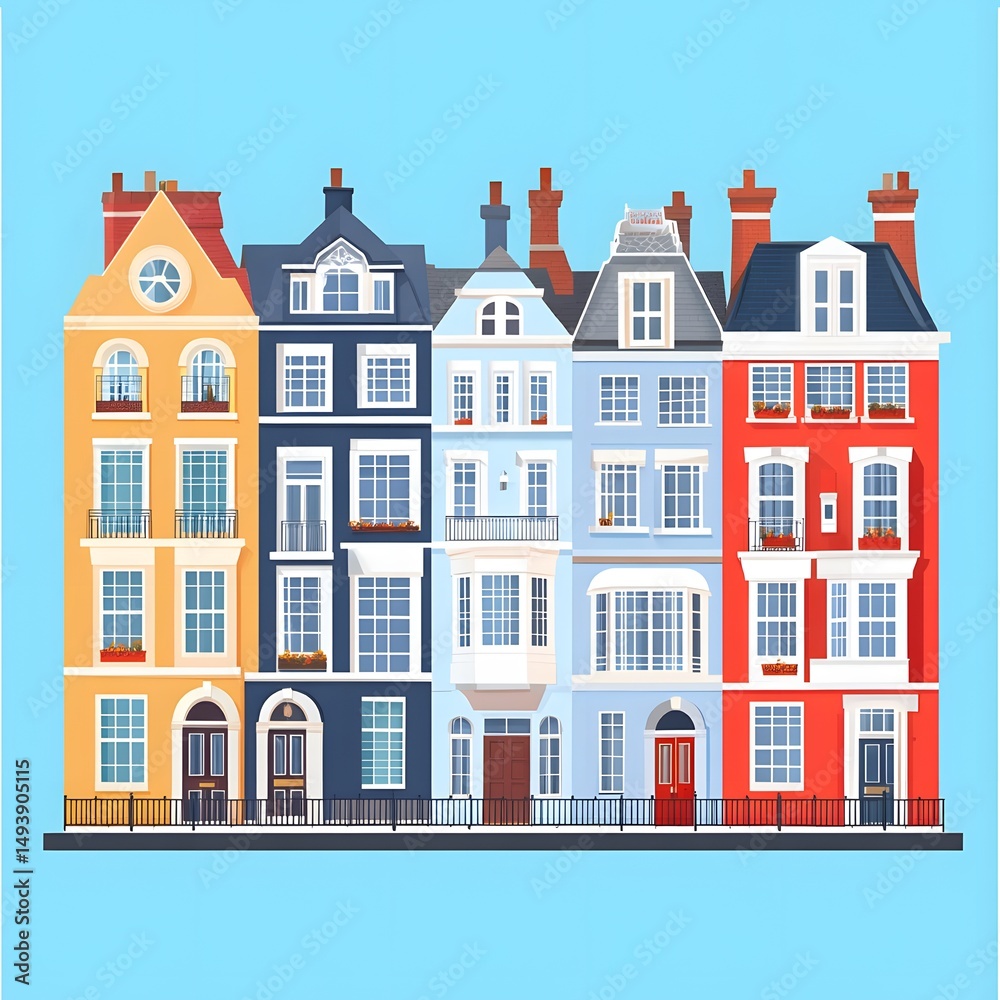 Fototapeta premium Classic British Architecture: Row of UK Town Houses in London, English Homes