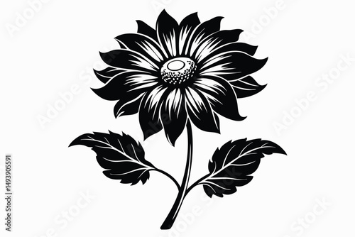 Stylized Black Flower Illustration Featuring Detailed Petals and Leaves in Vector Format