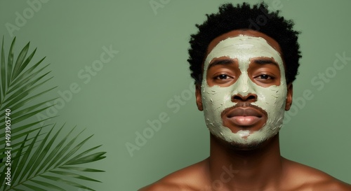 Young african american man wearing natural green spa mask on face looking at camera. Male skin care and self care beauty treatment in cosmetology concept for marketing.
